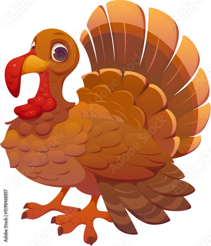 Cartoon turkey character with vivid brown feathers, bright red wattle and expressive face. Isolated vector traditional bird personage for happy thanksgiving holiday festive day, farm poultry mascot