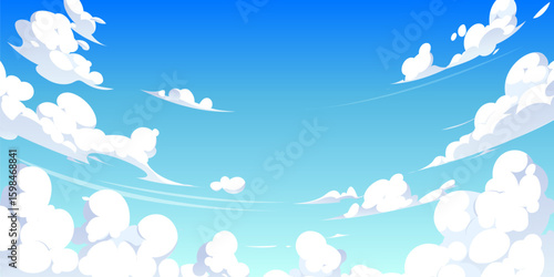 Anime sky clouds background. Cartoon vector bright heaven with fluffy white clouds and gentle gradients. Dreamy tranquil cloudscape for game backdrop, animation scenery, natural outdoor sunny view