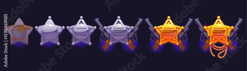 Western game level badge, wild west cowboy rank medal with revolvers and ropes. Cartoon vector sheriff star progression icons, achievement ui elements, progress sequence from rusty metal to golden