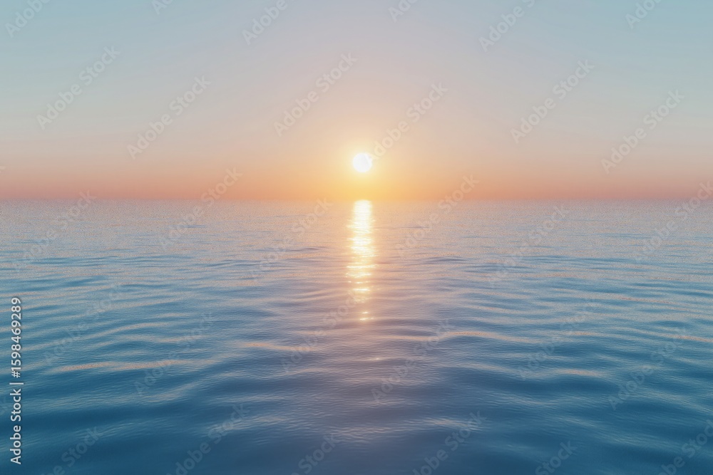 Obraz premium A still and peaceful ocean at dawn, where the sun peeks over the horizon, casting soft orange and blue gradients across the sky. The water is glass-like, reflecting the serene morning light perfectly.