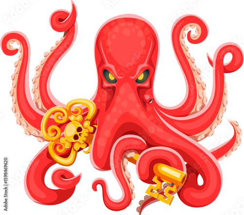 Cartoon giant red kraken octopus with golden key of pirate treasure in tentacles vector heraldic icon. Antique marine monster of evil cthulhu octopus animal holding gold key with pirate skull