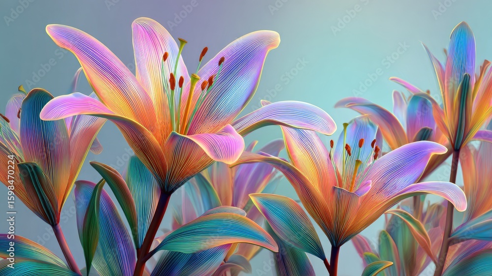 Fototapeta premium Vibrant multicolored lilies in a close-up view.