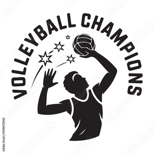 Volleyball champions logo featuring player spiking ball with stars and curved text in black and white