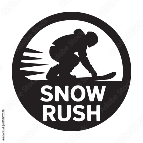 Silhouette of a snowboarder speeding down a slope in a circular black and white logo design