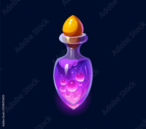 Wizard magic potion bottle, elixir and poison. Cartoon vector magical glass flask filled with glowing purple elixir. Enchanting fantasy vial with distinct stopper and bubbling liquid exudes mystery