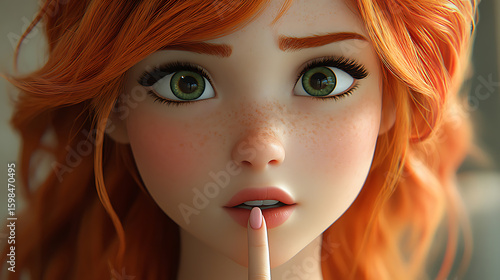 Intrigued 3D Render of a Freckled Ginger-Haired Girl with Green Eyes