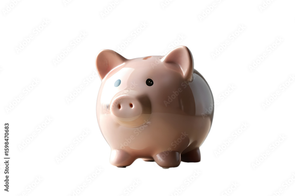 A pink ceramic piggy bank sits on a plain transparent background, representing savings and financial security A pink ceramic piggy bank sits on a plain transparent background, representing savings and financial security