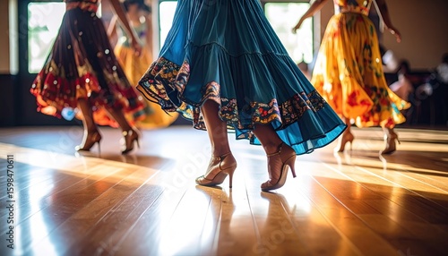 Salsa Dancers in Colorful Dresses Swirling on Polished Wooden Floor with Warm Lighting