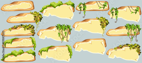Wooden signboards with old paper, stems ivy, liana, grapes, vine, swamp moss, forest lichen. Set blank invitations, maps, jungle plants. 3d elements for messages, banners, notebooks, mobile games.