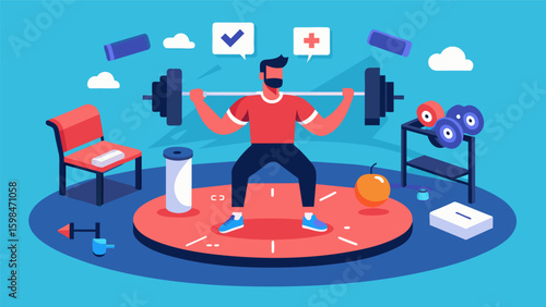 A 360degree video of a virtual gym allowing users to practice weightlifting techniques and receive realtime feedback from a virtual trainer.. Vector illustration