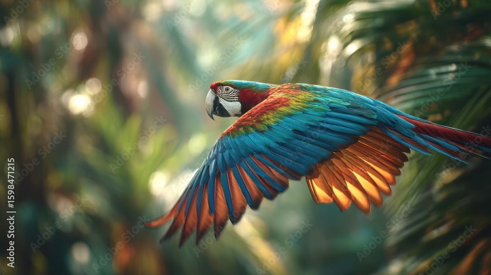 Fototapeta premium A macaw glides gracefully above a vibrant tropical landscape filled with green foliage