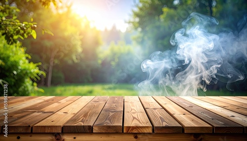 Smoke Drifting Across Wooden Planks in Sunny Outdoor Scene with Green Forest Background