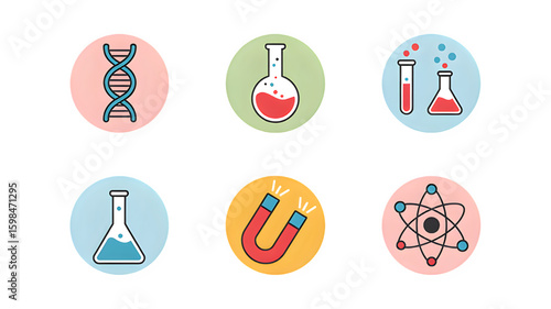 Science icons: DNA, Flasks, Magnet, Atom on colorful circles, perfect for educational materials