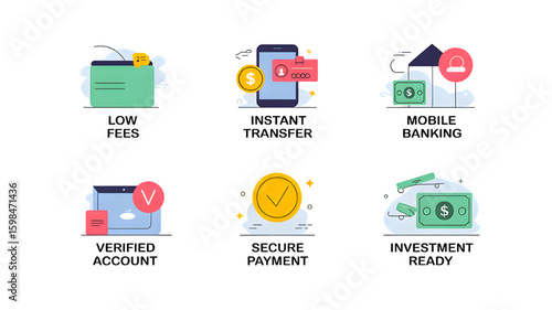 Online banking and finance icons representing mobile payment and secure transactions