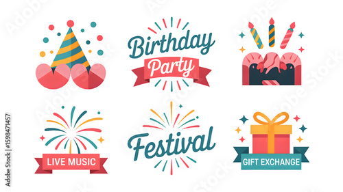 Festive party celebration elements include birthday party, music, festival and gift exchange.