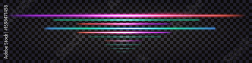 Neon glowing lines with light effect, dynamic laser beams, iridescent luminous streaks. Border or divider. Synthwave or vaporwave retro futuristic design. Isolated vector  on transparent background