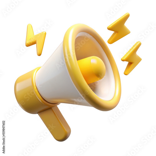 3d yellow megaphone with lightning bolts isolated on transparent background