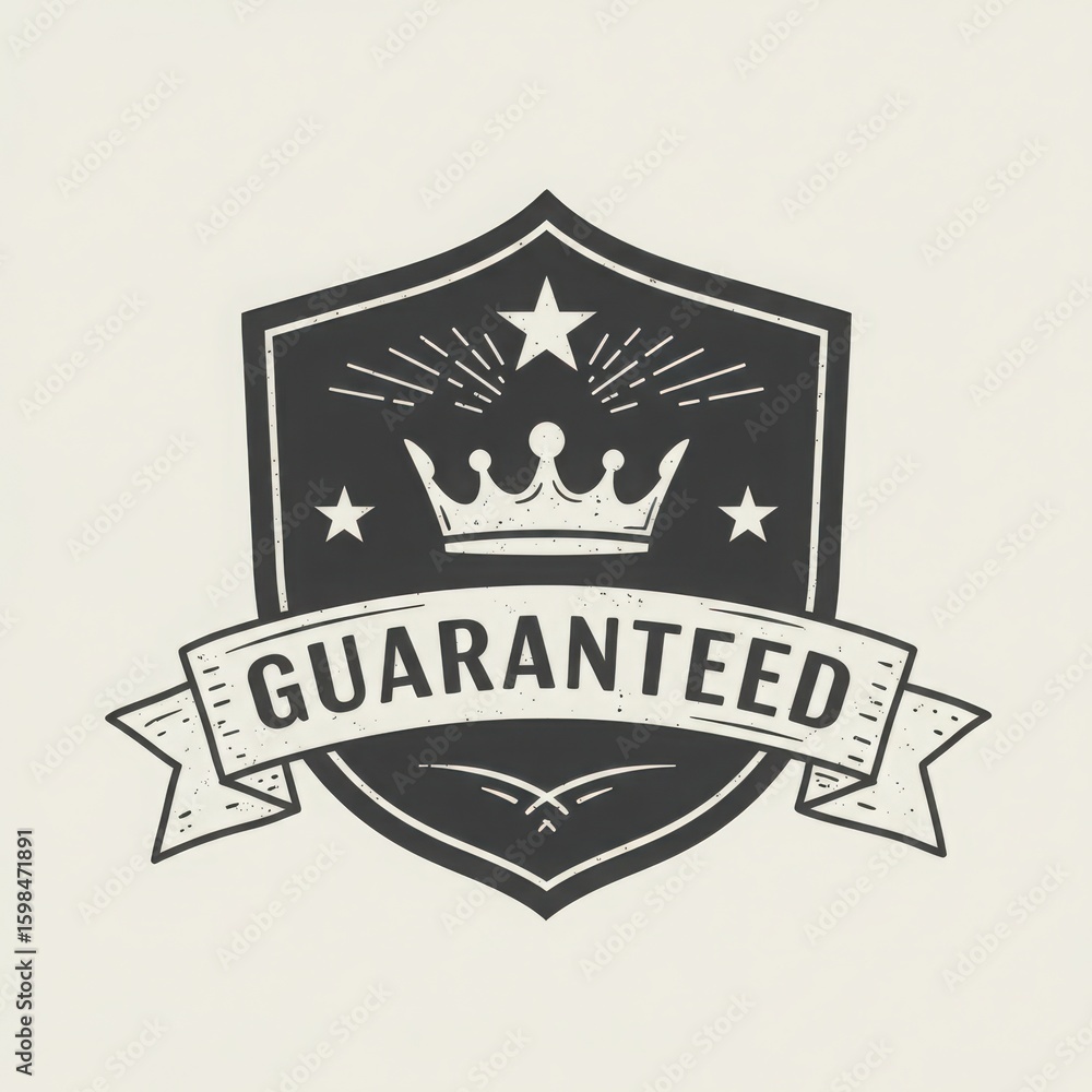 Fototapeta premium Vintage emblem with crown and starbursts featuring the word guaranteed on a ribbon