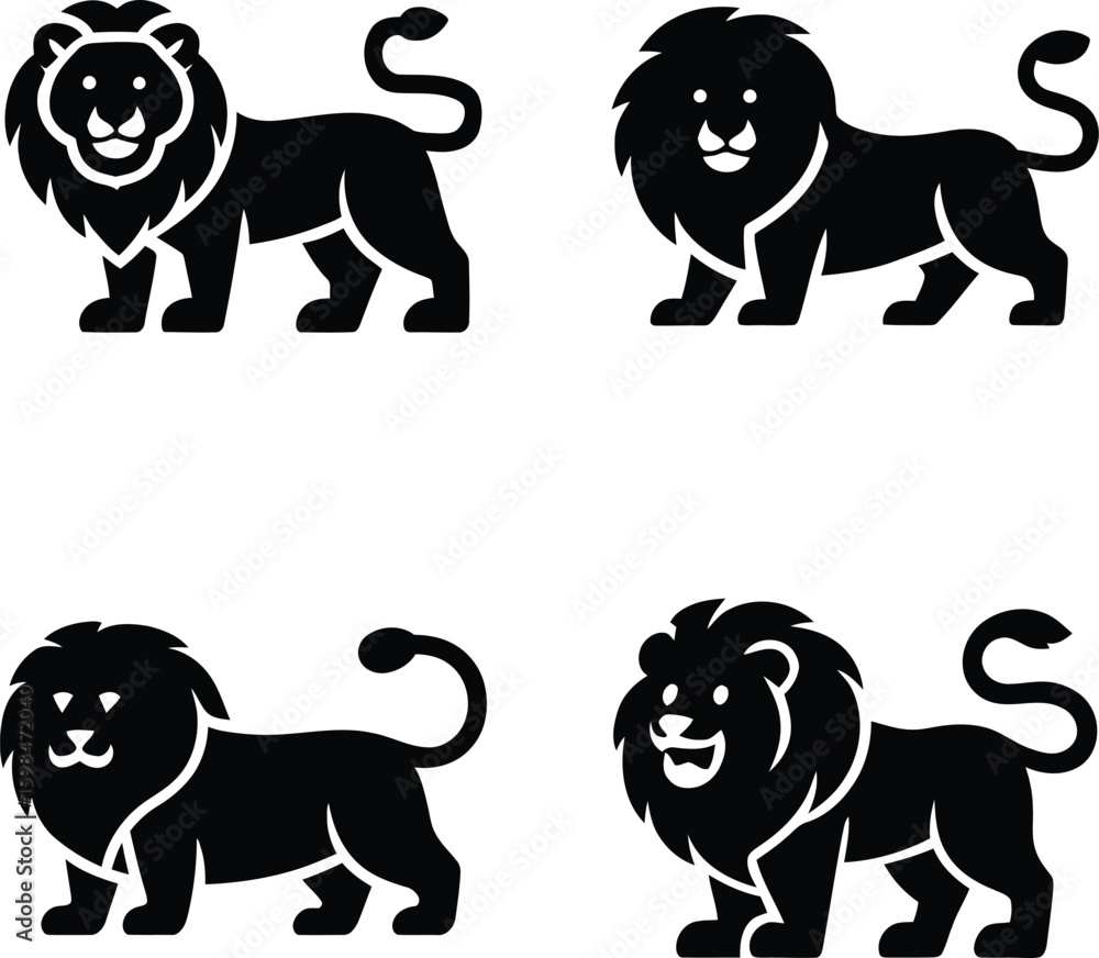 Obraz premium A set of four stylized black lion icons. Vector graphic illustrations for a logo or mascot.