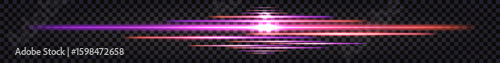 Neon glowing line border, dynamic speed light leaks with glow effect. Synthwave purple and orange luminous beams, thunder bolt flash. Isolated transparent vector in dark background
