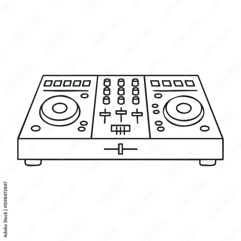 Fototapeta premium Minimalist dj mixer outline drawing featuring turntables and control knobs. Vector illustration