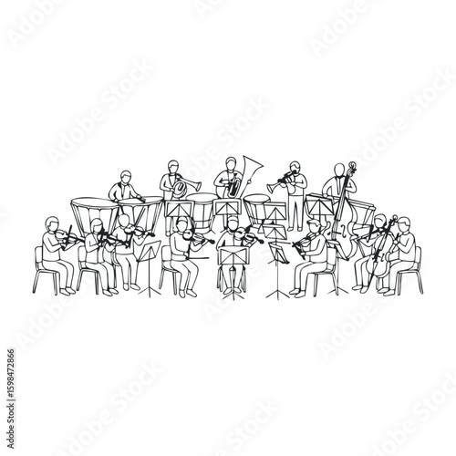 Line art of diverse orchestra performing with various instruments in harmony. Vector illustration