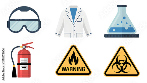 Science lab safety equipment and hazard warnings displayed, including goggles, coat, extinguisher