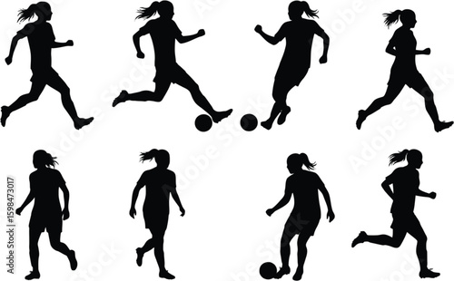 Vector art of a series of black silhouette female soccer players in dynamic poses, isolated on white background