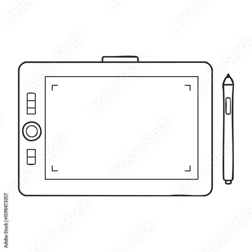 Digital drawing tablet with stylus for creative design and illustration work. Vector illustration