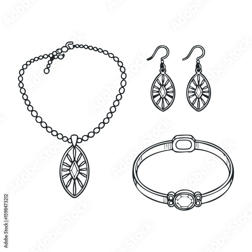 Elegant jewelry set with necklace, earrings, and bracelet design. Vector illustration