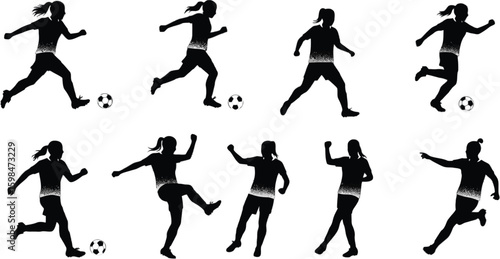 Vector art of a collection of black silhouette female soccer players in action, isolated on white background