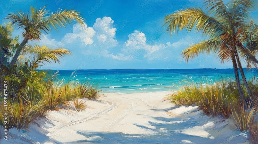 Fototapeta premium Tropical beach scene with palm trees, white sand, and turquoise ocean.