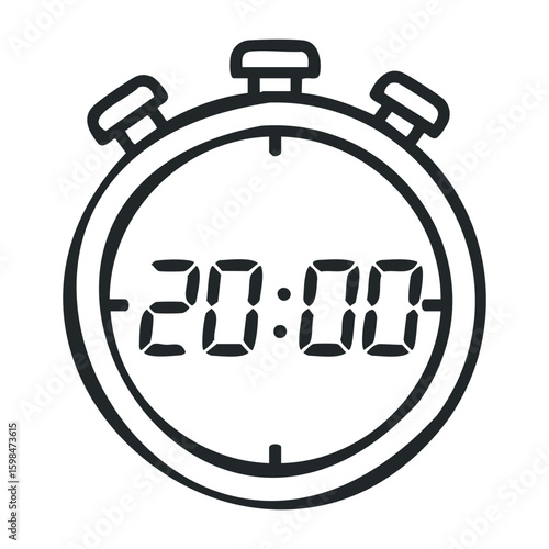 Digital stopwatch displaying 20:00 with buttons and minimalist design. Vector illustration