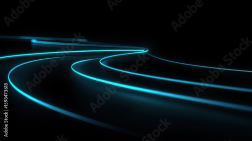 Abstract curves of luminescent turquoise lines create a futuristic design on a dark surface, evoking technology and innovation.