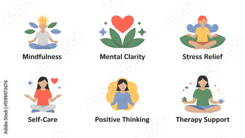 Collection of wellness icons depicting mental health, meditation, and self-care practices