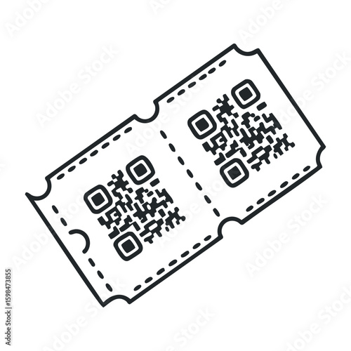 Black and white movie ticket with qr codes - simple line drawing. Vector illustration