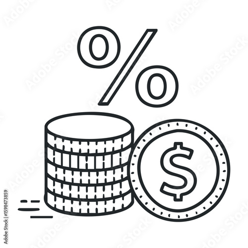 Monochrome financial concept with currency symbol and percentage icon. Vector illustration
