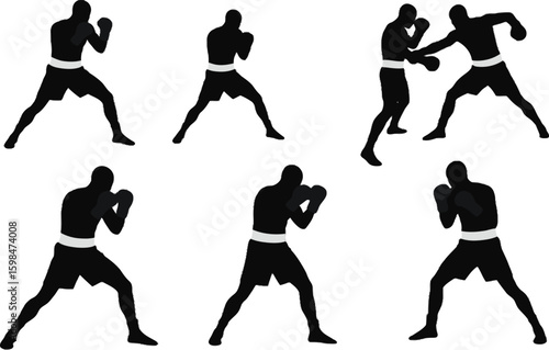 Vector art of silhouettes of boxers sparring and training, isolated on white background, demonstrating their technique and agility