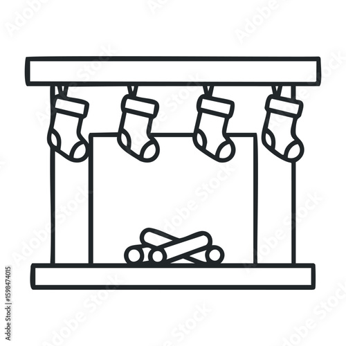 Minimalist christmas fireplace with stockings and logs in black and white outline. Vector illustration