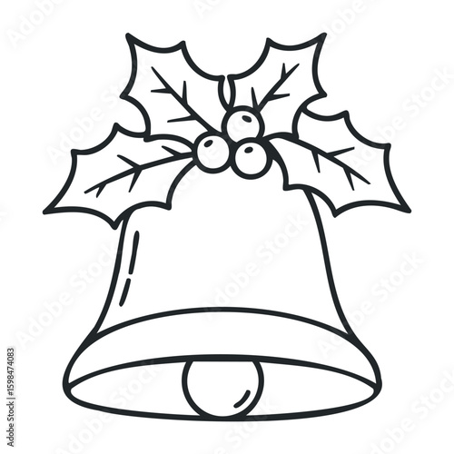Festive bell outline with holly leaves and berries for christmas decor. Vector illustration