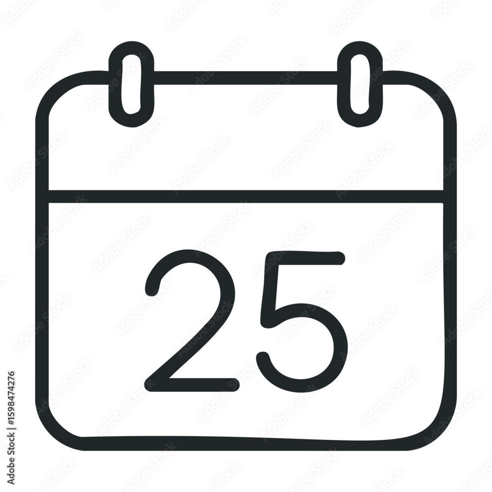 Simple black and white calendar icon with date number 25. Vector illustration