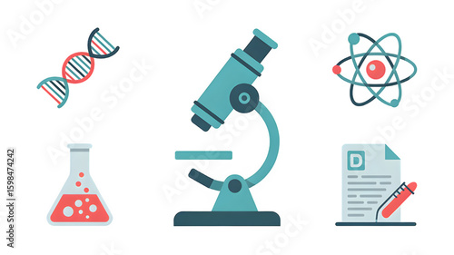 Science and research lab equipment includes DNA, microscope, atom, flask, and report flat icons