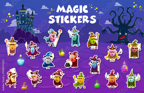 Stickers pack of Halloween micronutrient mage, wizard and sorcerer characters. Fairy wizard or sorcerer D, K, B6 and P, H, N micronutrient vitamin capsule cheerful vector characters sticker collection