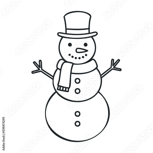 Festive snowman outline with top hat and scarf for coloring fun. Vector illustration