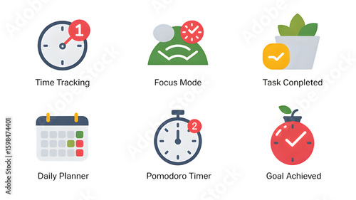 Time management tools and productivity icons showcasing time tracking and goal achievement