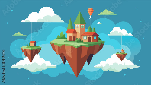 A floating island home to a community of aerial beings their houses suspended by magic and surrounded by clouds.. Vector illustration
