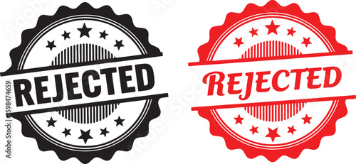 Black and red rejected stamp seals with stars and lines, rejected, stamp, seal, rejection, denied, no, negative, approval, not approved, forbidden, banned, cancel, cancelled, error, mistake, failure, 