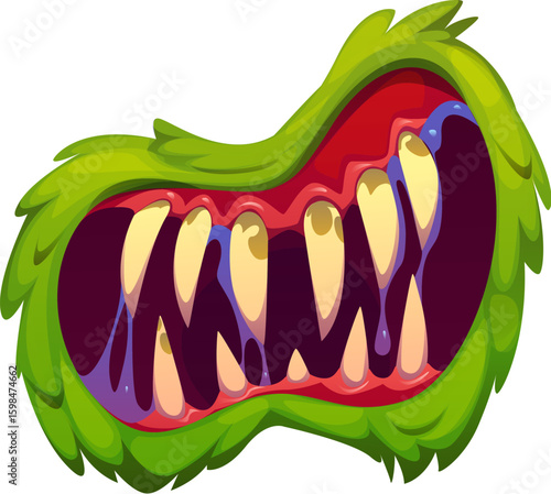 Halloween hairy monster jaw with fangs and saliva. Halloween monster isolated vector scary sharp fangs, Horror beast growling maw with green fur on lips and dripping from teeth poisonous saliva