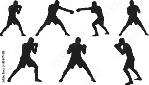 Vector art of a series of boxing silhouettes displays different stances and movements isolated on white background