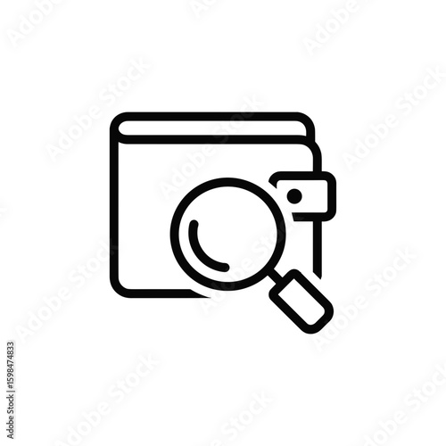 Wallet with a magnifying glass for viewing the contents on a transparent background, minimalist design, black and white